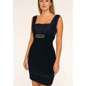 Betsy & Adam dress body con lace top rhinestone waist detail Navy blue SZ 6P